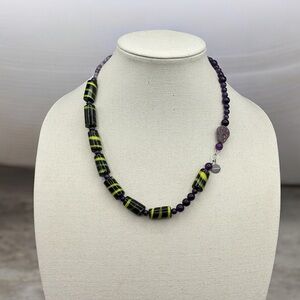 Artisan Amethyst Green Black Sterling 925 Clasp Necklace 22”